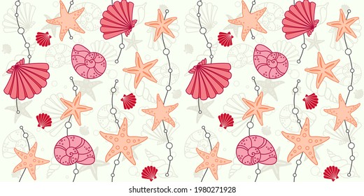 Decorative seashells, starfish and waves with beads on a light beige background with seashells and starfish. Marine endless texture. Vector seamless pattern for wallpaper, wrapping paper and packaging