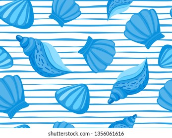Decorative seashells stripe vector seamless pattern. Abstract marine wallpaper. Underwater backdrop.