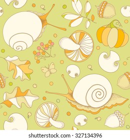 Decorative seasonal background with pumpkins, mushrooms, acorns,snails, butterfly.  Seamless vector pattern.