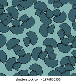 Decorative seasonal fall seamless pattern with random turquoise mushroom shapes. Blue background. Vector illustration for seasonal textile prints, fabric, banners, backdrops and wallpapers.