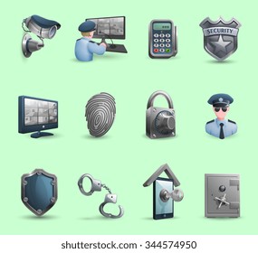  Decorative security icons set with  policeman badge handcuffs and symbols of protection  and guard isolated vector illustration