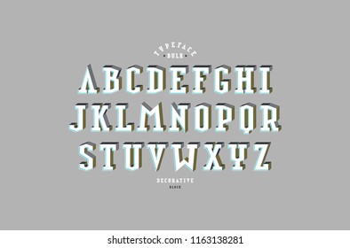 Decorative serif bulk font. Letters for logo and title design. Color print on gray background