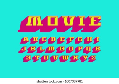 Decorative serif extra bulk font. Letters for logo and title design. Color print on blue background