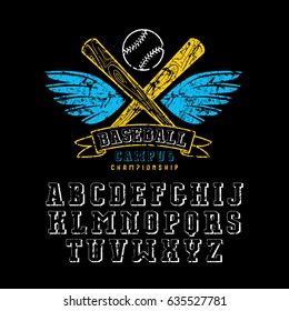 Decorative Serif Font And Baseball Emblem For T-shirt. Design With Shabby Texture. Color Print On Black Background