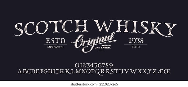 Decorative serif font in classic style. Letters and numbers with vintage texture for logo and headline design. Vector illustration. White print on black background