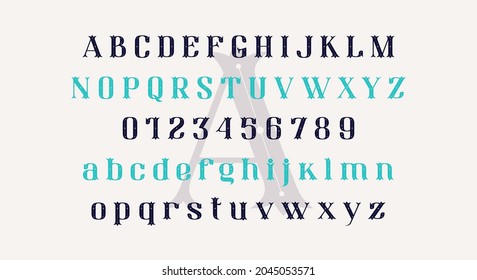 Decorative serif font in elegant style. Letters and numbers for logo and label design. Vector illustration