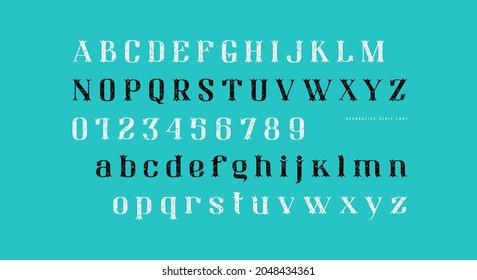 Decorative serif font in elegant style. Letters and numbers with vintage texture for logo and label design. Vector illustration