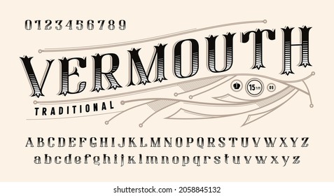 Decorative serif font in elegant style. Letters and numbers for alcohol logo and label design. Vector illustration