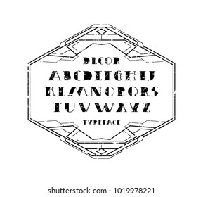 Decorative serif font and frame. Letters with rough texture for logo and title design. Black print on white background