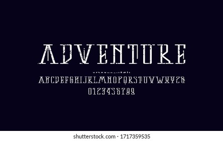 Decorative serif font. Letters and numbers with vintage texture for logo and label design. White print on black background