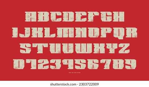 Decorative serif font in military style. Square letters and numbers with rough texture for logo and emblem design. White print on red background