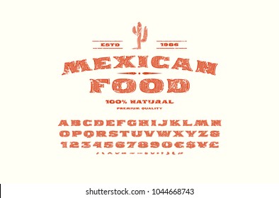 Decorative serif font in retro style. Label template for mexican restaurant. Letters and numbers with rough texture for logo and emblem design. Red print on white background