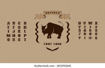 Decorative Serif Font In Retro Style. Butcher Shop Label Template. Letters And Numbers With Rough Texture For Logo And Emblem Design. Vector Illustration