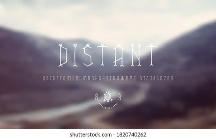 Decorative serif font in the style of handmade graphic. Letters and numbers for mystery and nature logo design. White print on blurred background