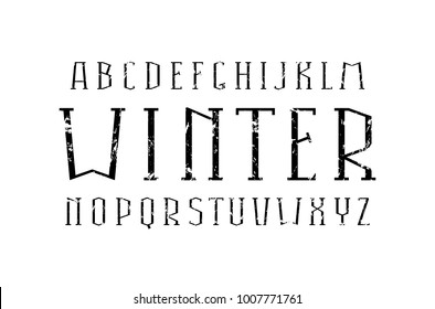 Decorative serif font. Thin line typeface. Letters with rough texture for title design. Print on white background