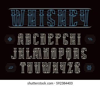 Decorative serif font in vintage style. Design for labels of alcoholic drinks - whiskey, absinthe, gin, rum, bourbon, scotch, craft beer