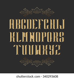 Decorative serif latin font. Graphical vintage capital letters. Golden isolated objects. 