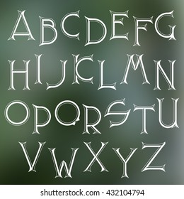 Decorative serif latin font. Graphical sharp corners chisel capital letters. Monochromatic empty isolated vector objects. 