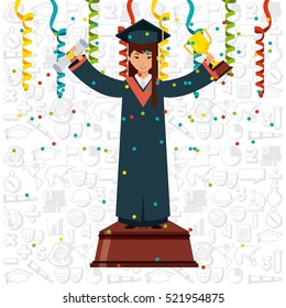 Decorative serpentine and graduation woman with gold trophy and diploma. Colorful design. vector illustration
