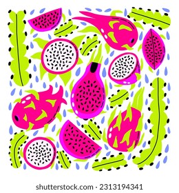 Decorative set acid dragon fruit and cactus.  Exotic fresh food vibrant neon collection. Hand drawn vector