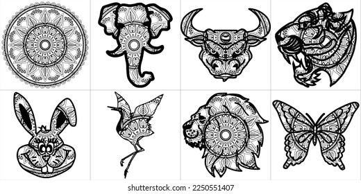Conjunto decorativo con animales, vector mandala. Amplio conjunto con elefante decorativo, león, tigre, conejo, mariposa, azul, grúa y mandala. Arte vectorial dibujado a mano. Animal, Luxury, Royal, Indian Mandal.