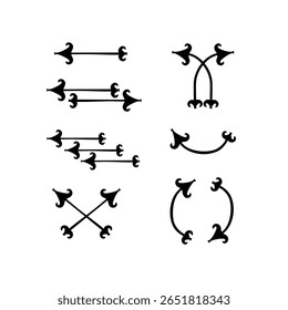 Um conjunto decorativo de ícones de seta com pontas de seta e rabos em estilo flor-de-lis. Ideal para gráficos temáticos, motivos heráldicos, convites ou estética de fantasia.