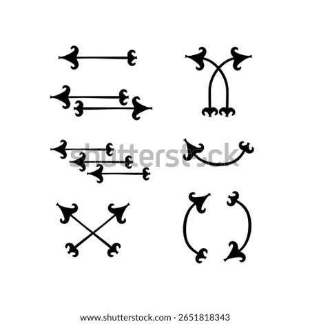 A decorative set of arrow icons with fleur-de-lis style arrowheads and tails. Ideal for themed graphics, heraldic motifs, invitations, or fantasy aesthetics.