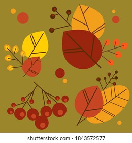 DECORATIVE SET OF BEAUTIFUL BRIGHT AUTUMN LEAVES AND BERRIES