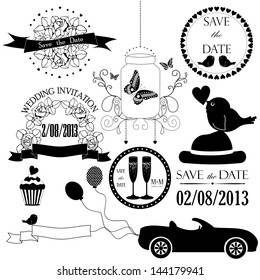 Decorative set of black artistic wedding elements on white background. Vector illustration