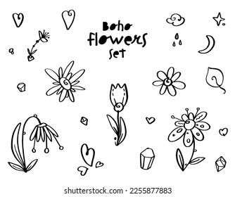 Decorative set - boho flowers. Outline graphic. Simple black lines on white. Doodles.