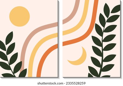 Decorative set of cards with leaves, sun and moon. Vector illustration. Templates for social media design, packaging, covers, cards, brochures and more.