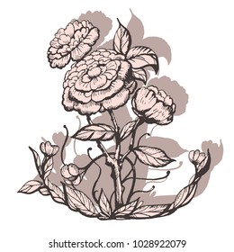 Decorative set in the chinoiserie style with peonies with pink silhouette. Ink illustration. Isolated on white. For wedding, scrapbooking, wallpaper and other design. Card design.