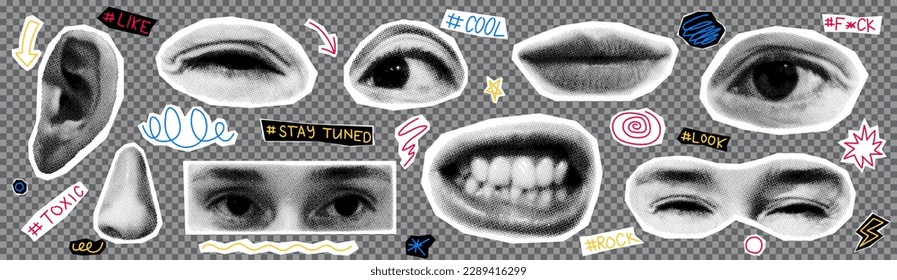 Decorative set of collage elements. Halftone lips, eyes, nose, ear isolated on checkered background. Vector illustration with halftone elements for decoration of retro banners and vintage postres.