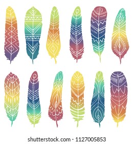 Decorative set colorful gradient feathers, boho style, Eps10 vector illustration. Hand drawn digital design. Colorful Ethnic feather. Decorative Tribal Feathers