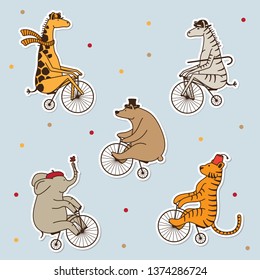 Decorative set with cute hand drawn animals like elephant, bear,zebra, girafe,tiger. Sticker style cartoon vector illustration.