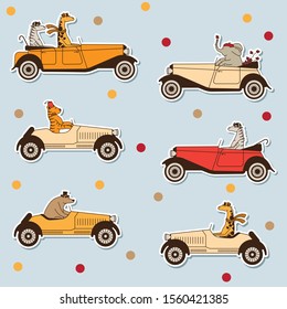 Decorative set with cute hand drawn animals like elephant, bear, zebra, giraffe, tiger. Sticker style cartoon vector illustration. Animals on retro cars.