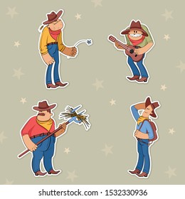 Decorative set with cute hand-drawn cowboys. Cartoon sticker, vector illustration. Drawings of cowboys for badges, stickers, cards. Funny characters.