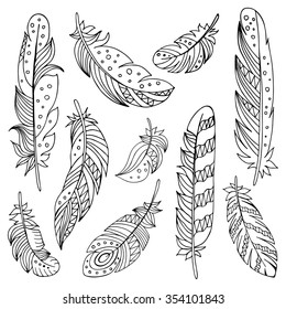 

Decorative set of feathers in ethnic style. Hand drawn vector illustration.