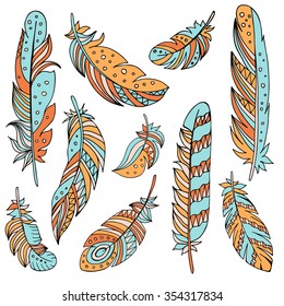

Decorative set of feathers in ethnic style. Hand drawn vector illustration.