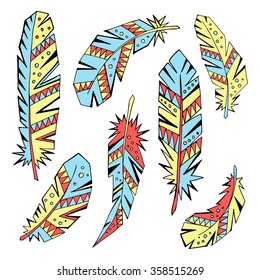

Decorative set of feathers in ethnic style. Hand drawn vector illustration.