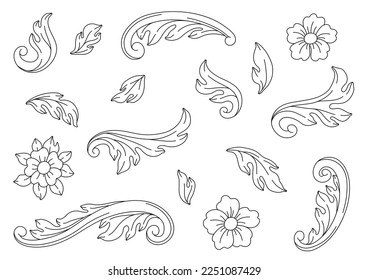 Decorative set of floral elements in baroque style. Black curling plant.