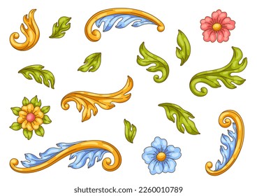 Decorative set of floral elements in baroque style. Colorful curling plant.