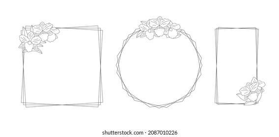 Decorative set with floral frames on a white background. Orchid flowers (Brassolaeliocattleya) for your design of cards, greetings and the like. Vector line art illustration. 