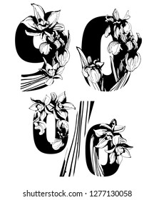Decorative set floral pattern figure number letter alphabet abc font. Lettering fashion hand drawn spring flowers ornament iris narcissus. Vector grunge black and white illustration 9, 0, percent sign