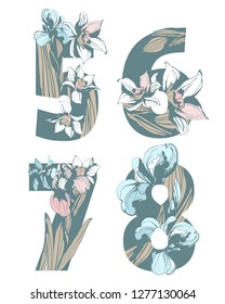Decorative set floral pattern figure number letter alphabet abc font. Lettering fashion hand drawn spring flowers ornament iris narcissus. Vector grunge pink and blue illustration print. 5, 6, 7, 8