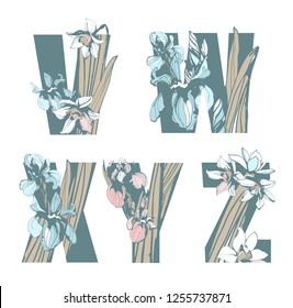 Decorative set floral pattern letter alphabet abc font. Lettering fashion hand drawn spring wild flowers ornament iris narcissus. Vector grunge pink and blue illustration t-shirt print. V, W, X, Y, Z