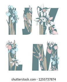 Decorative set floral pattern letter alphabet abc font. Lettering fashion hand drawn spring wild flowers ornament iris narcissus. Vector grunge pink and blue illustration t-shirt print. I, J, K, L, M