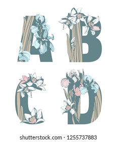 Decorative set floral pattern letter alphabet abc font. Lettering fashion hand drawn spring wild flowers ornament iris narcissus. Vector grunge pink and blue illustration t-shirt print. A, B, C, D