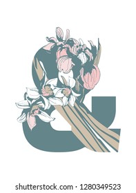 Decorative set floral pattern letter alphabet abc font. Ampersand Lettering fashion hand drawn spring wild flowers ornament iris narcissus. Vector grunge pink and blue illustration t-shirt print.