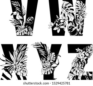 Decorative set floral tropical pattern letter alphabet abc font. Lettering hand drawn beach palm leaves birds flowers ornament. Vector grunge black white illustration t-shirt print. V, w, x, y, z
